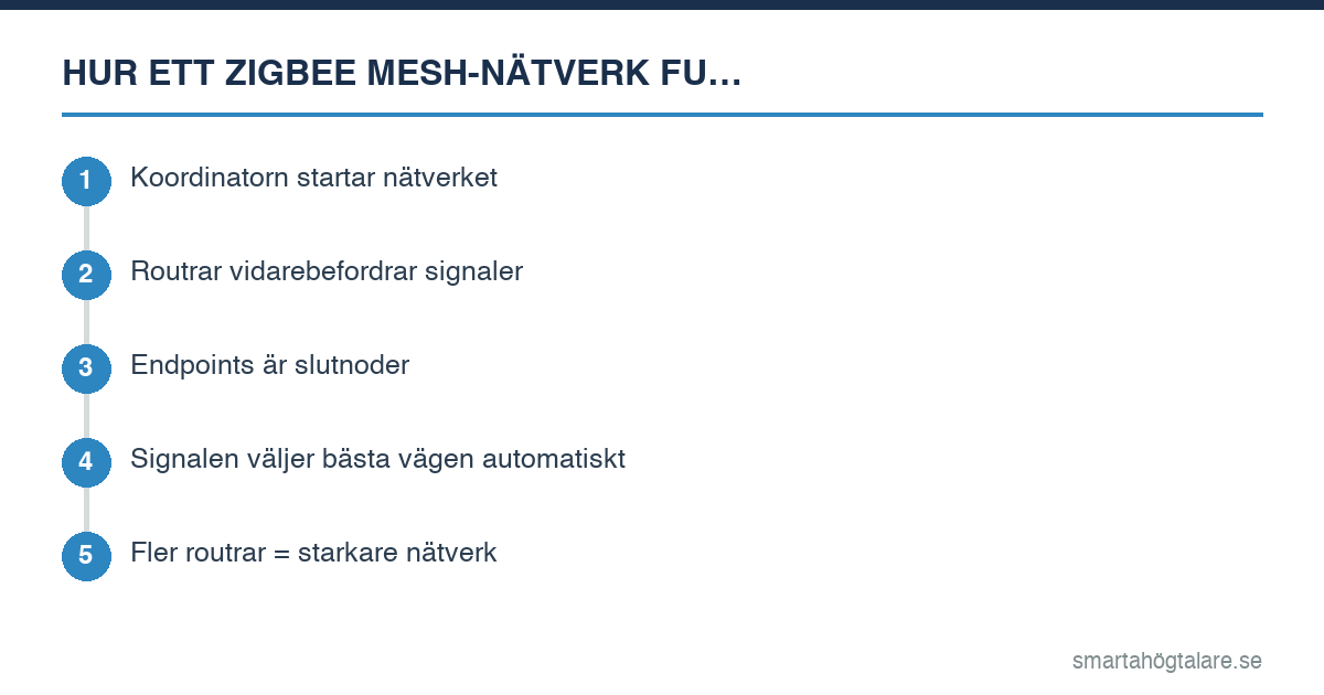 Infografik: Hur ett Zigbee mesh-nätverk fungerar – 5 steg från koordinator till endpoint